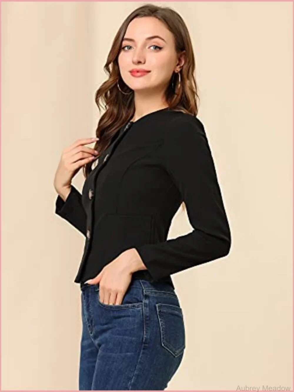 Women's Collarless Cropped Blazer Jacket Long Sleeve Button Front Work Office